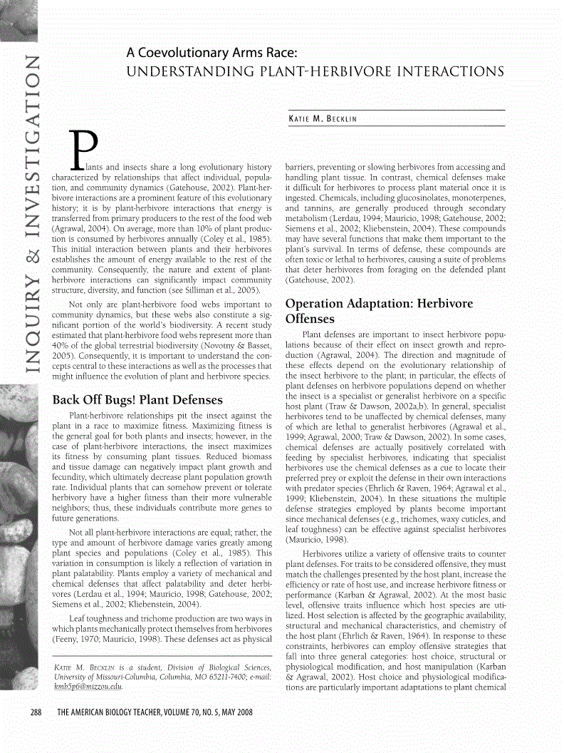 First page of A Coevolutionary Arms Race: Understanding Plant-Herbivore Interactions