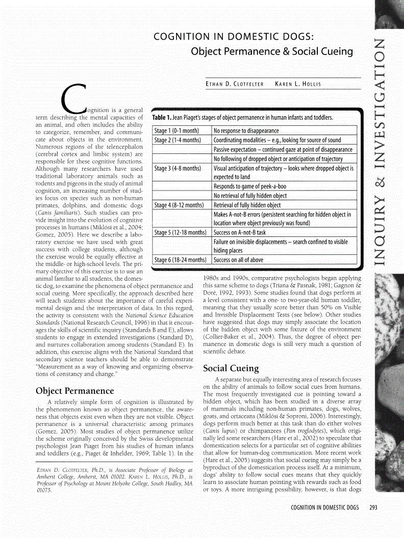 First page of Cognition in Domestic Dogs: Object Permanence &amp; Social Cueing