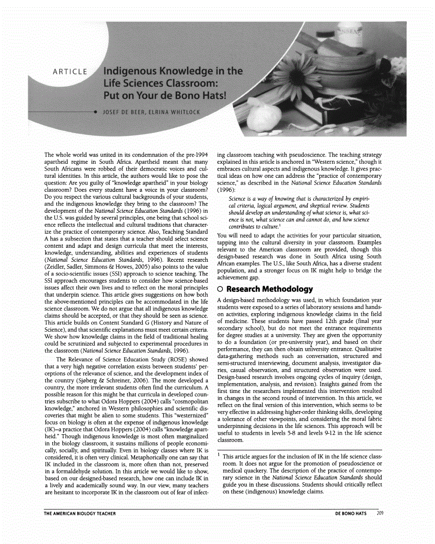 First page of Indigenous Knowledge in the Life Sciences Classroom: Put on Your de Bono Hats!
