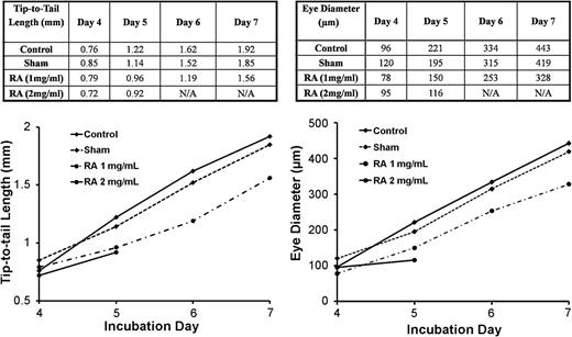 Figure 5. Quantification of eye diameter and tip-to-tail length for retinoic acid perturbation study using open-source software (ImageJ) provided by the National Institutes of Health.