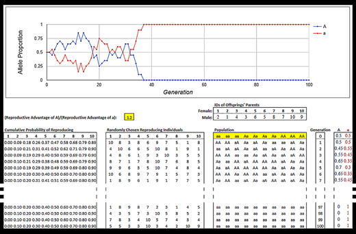 Figure 2. An example of a completed simulation. Generations 8 through 96 are not shown to save space. Highlighted cells indicate where students can manipulate the simulation.