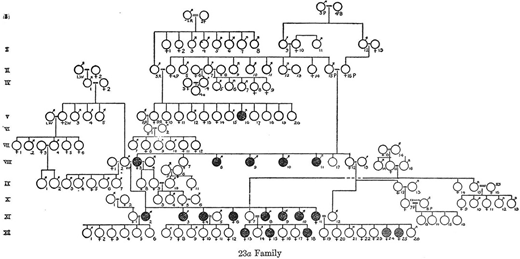 write an essay on pedigree analysis Pedigree chart of an albino family (♀ = female, ♂ = male, ○ = sex unknown). Filled circles represent albinos. The letters B, P, R, and W represent the four common surnames in this highly inbred community.