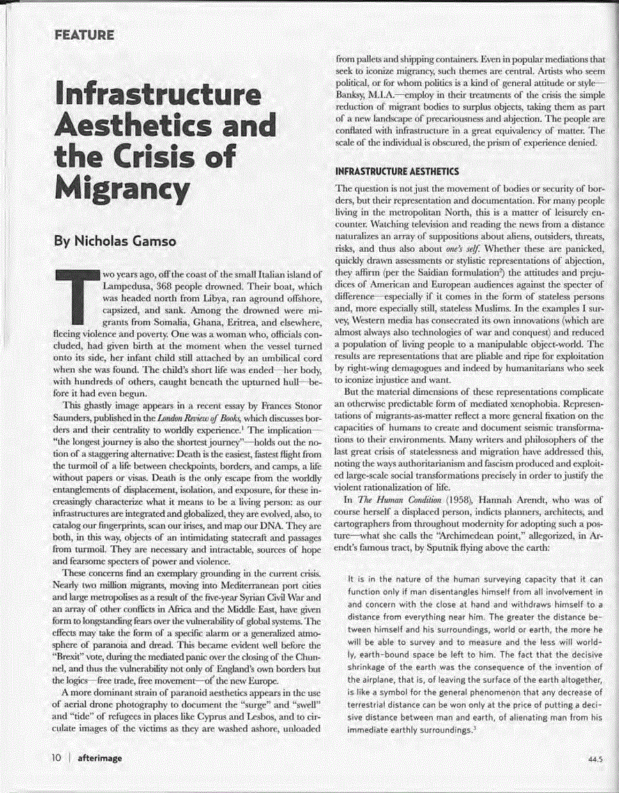 First page of Infrastructure Aesthetics and the Crisis of Migrancy