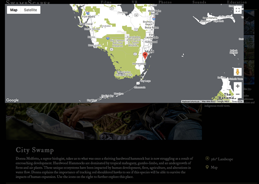 Screenshot of map interface for the film City Swamp (2018) offers a sense of swampland that has been drained for human misuse; from the website for SwampScapes (2018), produced and directed by Elizabeth Miller, Kim Grinfeder, and Juan Carlos Zaldivar.