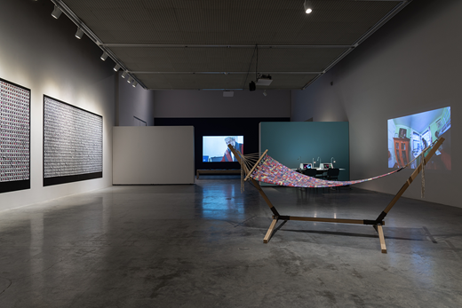 Installation view of Contingent Systems (2021) at Illingworth Kerr Gallery; courtesy Illingworth Kerr Gallery, Alberta University of the Arts; photograph by Chelsea Yang-Smith.