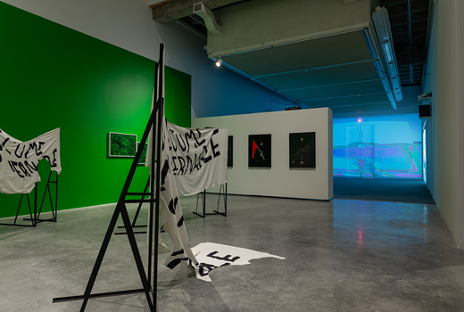 Installation view of Contingent Systems (2021) at Illingworth Kerr Gallery; courtesy Illingworth Kerr Gallery, Alberta University of the Arts; photograph by Chelsea Yang-Smith.