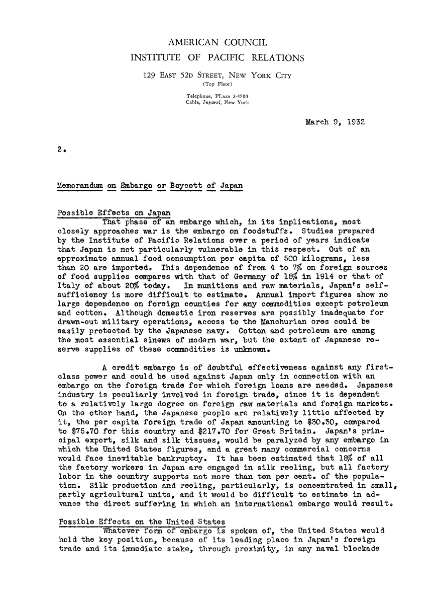 First page of Memorandum on Embargo or Boycott of Japan