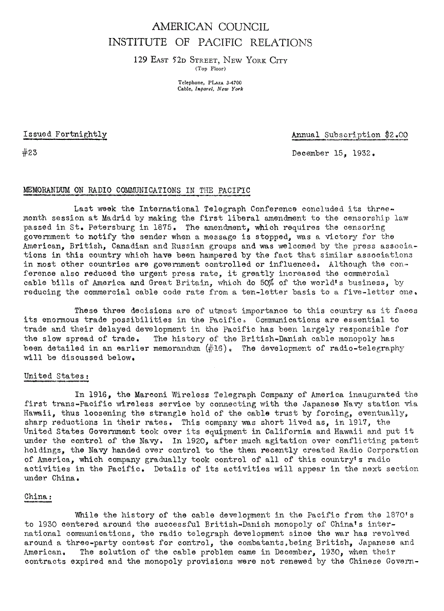 First page of Memorandum on Radio Communications in the Pacific