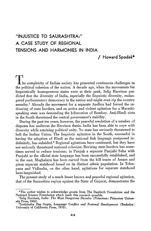 First page of "Injustice to Saurashtra:" A Case Study of Regional Tensions and Harmonies in India