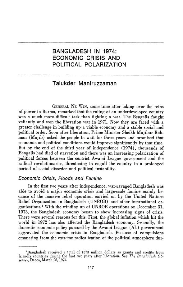 Bangladesh In 1974 Economic Crisis And Political