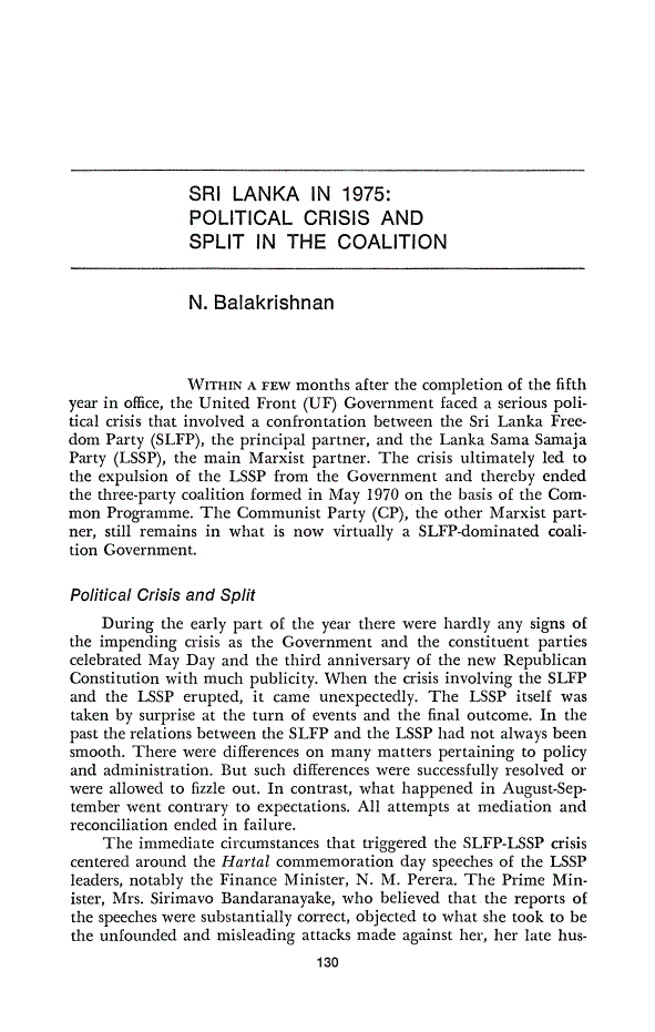First page of Sri Lanka in 1975: Political Crisis and Split in the Coalition