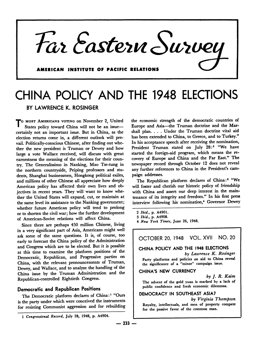 First page of China Policy and the 1948 Elections