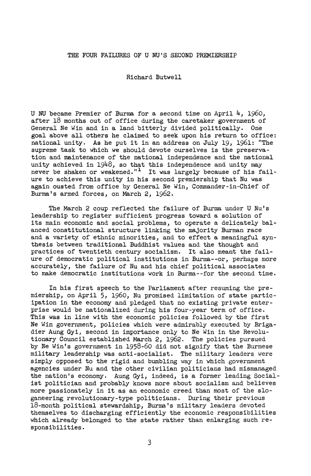 First page of The Four Failures of U Nu's Second Premiership