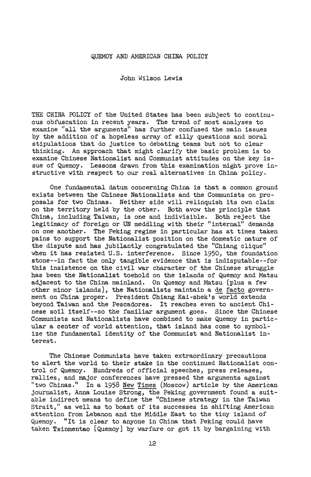 First page of Quemoy and American China Policy