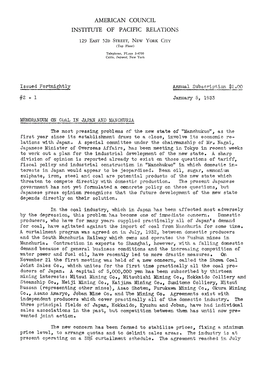 First page of Memorandum on Coal in Japan and Manchuria