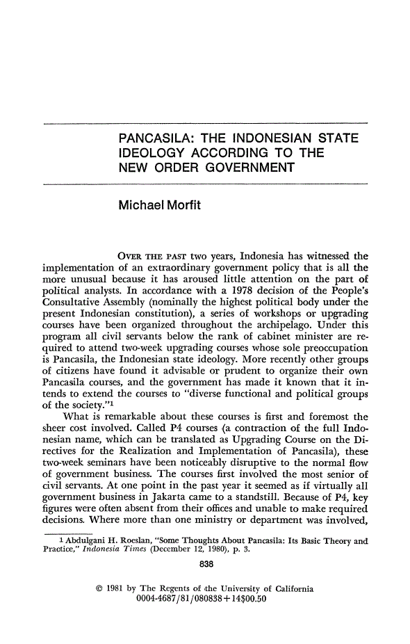 First page of Pancasila: The Indonesian State Ideology According to the New Order Government