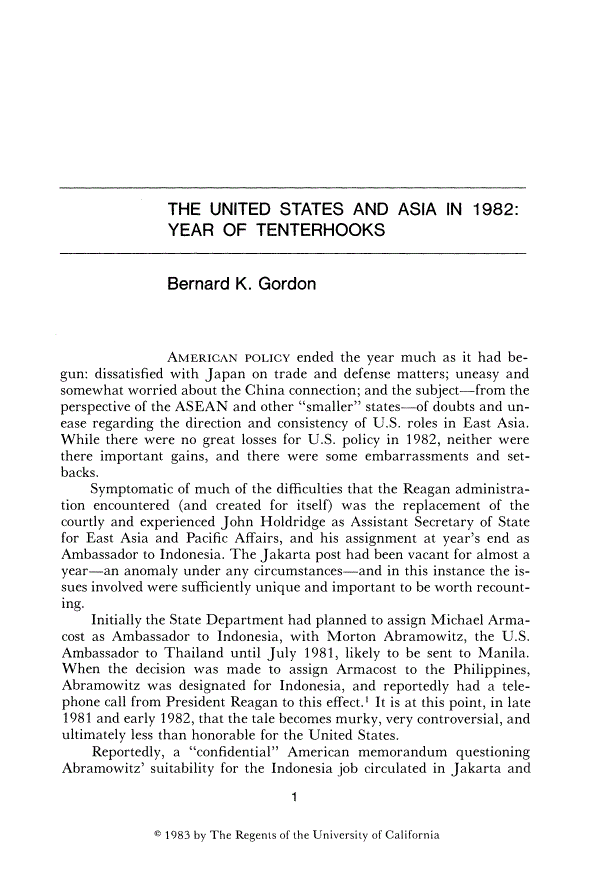 First page of The United States and Asia in 1982: Year of Tenterhooks