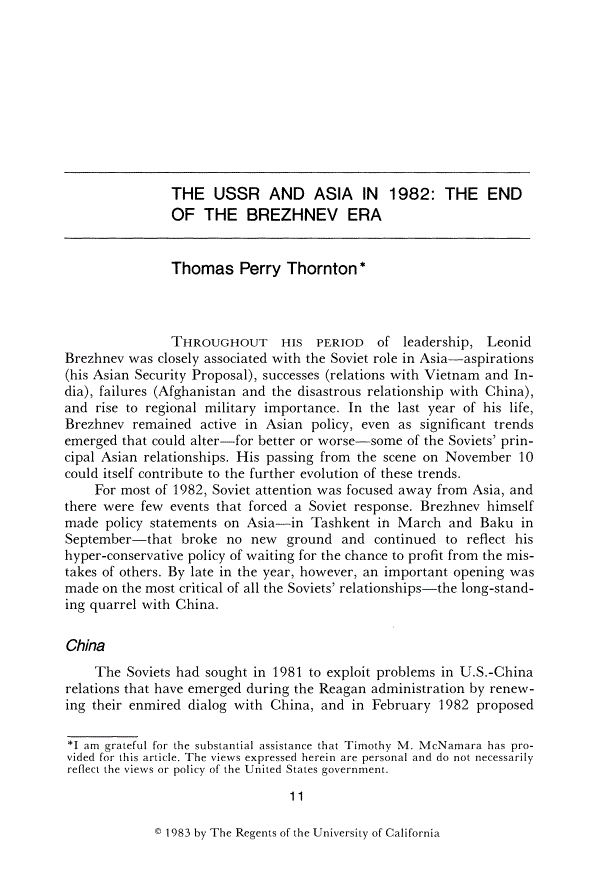 First page of The USSR and Asia in 1982: The End of the Brezhnev Era