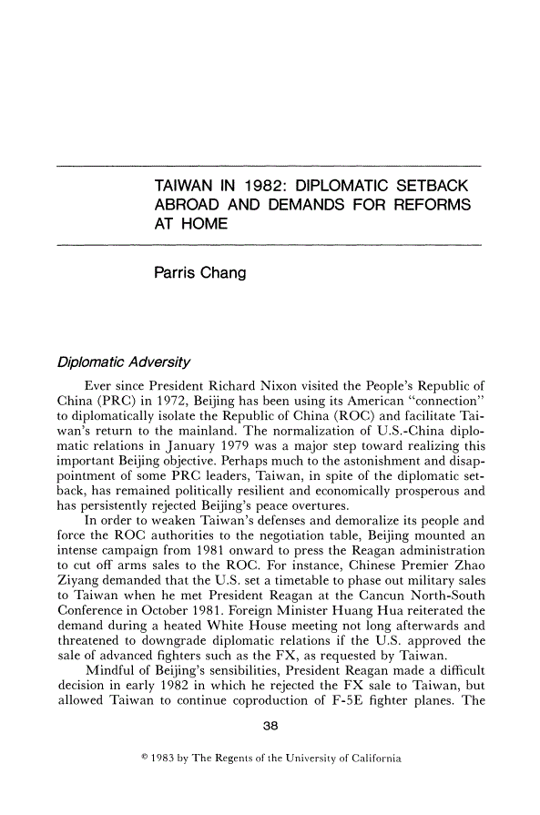 First page of Taiwan in 1982: Diplomatic Setback Abroad and Demands for Reforms at Home