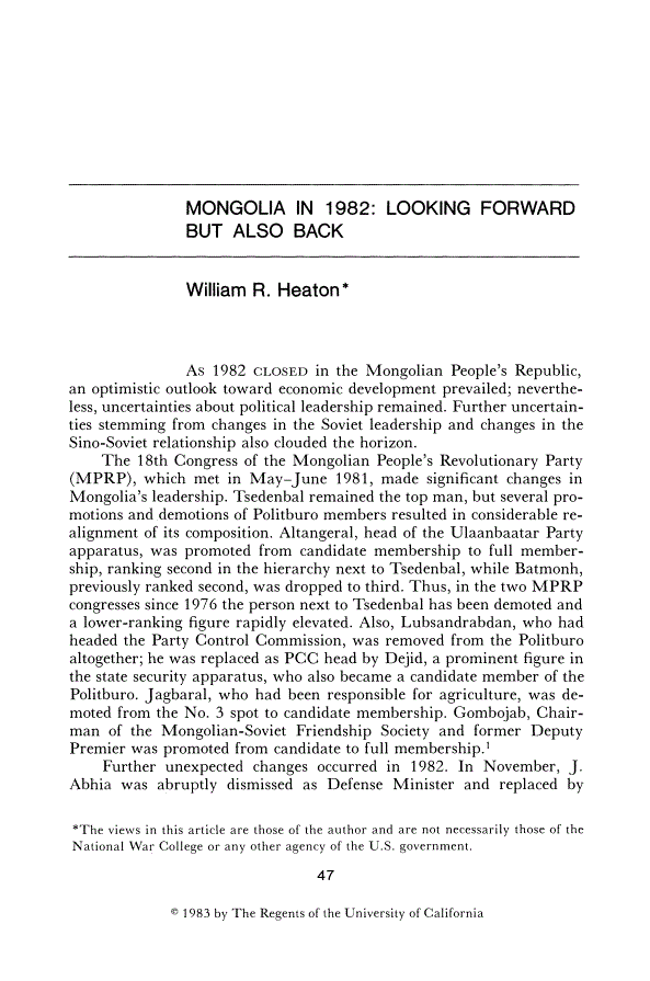 First page of Mongolia in 1982: Looking Forward but also Back