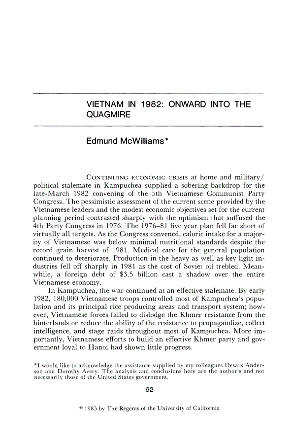 First page of Vietnam in 1982: Onward into the Quagmire