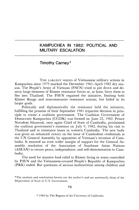 First page of Kampuchea in 1982: Political and Military Escalation