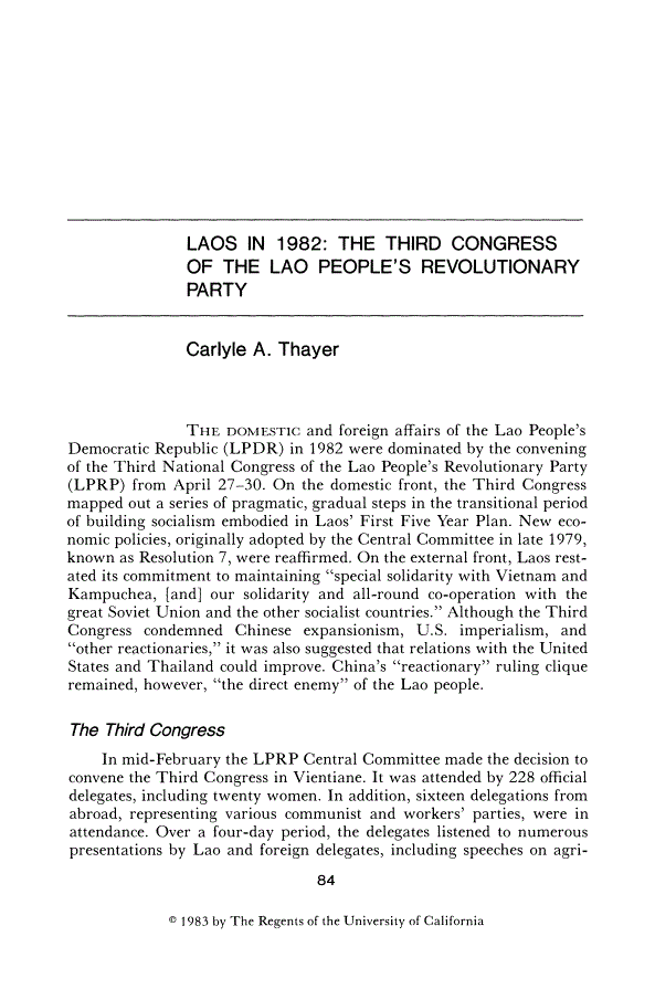 First page of Laos in 1982: The Third Congress of the Lao People's Revolutionary Party