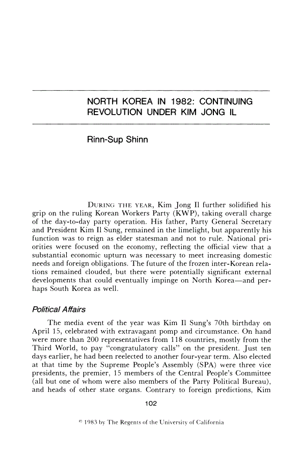 First page of North Korea in 1982: Continuing Revolution under Kim Jong Il