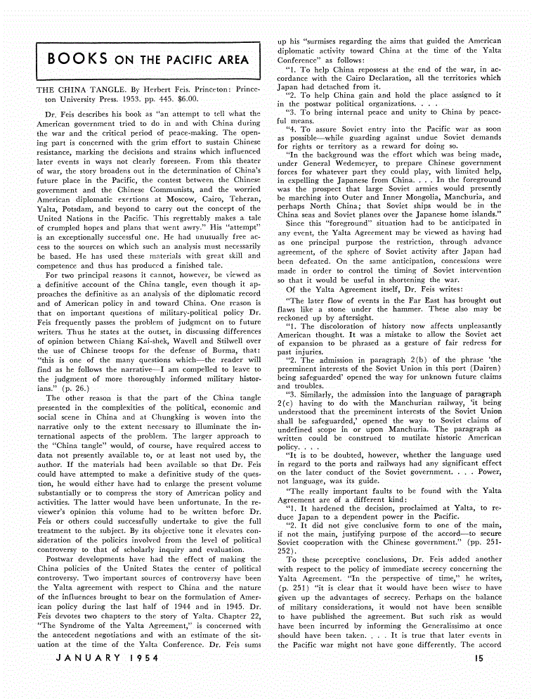 First page of Review: <italic>The China Tangle</italic>, by Herbert Feis