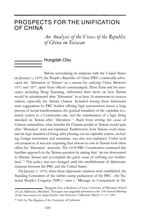 First page of Prospects for the Unification of China: An Analysis of the Views of the Republic of China on Taiwan