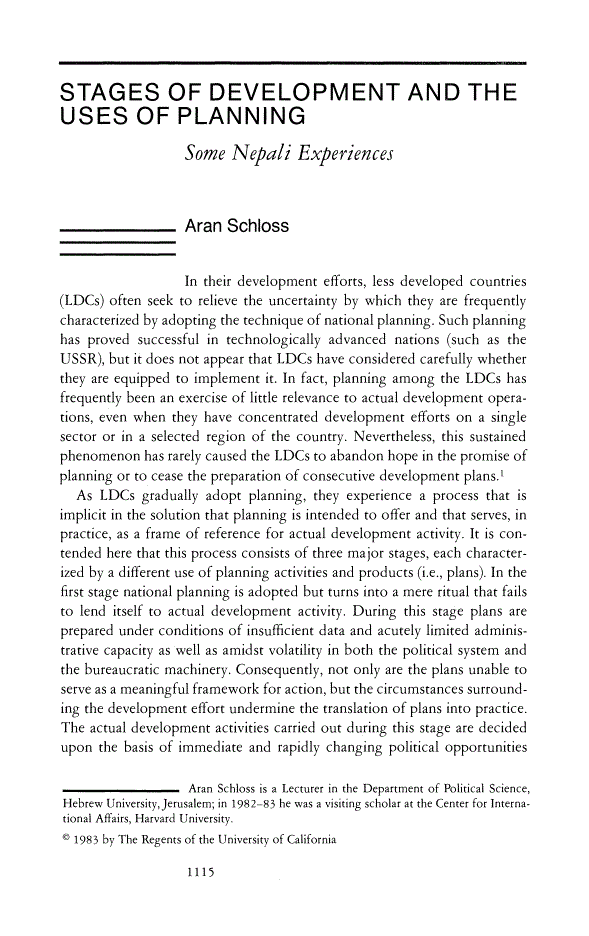 First page of Stages of Development and the uses of Planning: Some Nepali Experiences