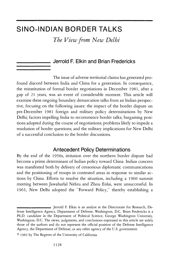 First page of Sino-Indian Border Talks: The View from New Delhi