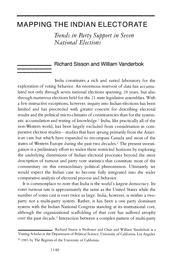First page of Mapping the Indian Electorate: Trends in Party Support in Seven National Elections