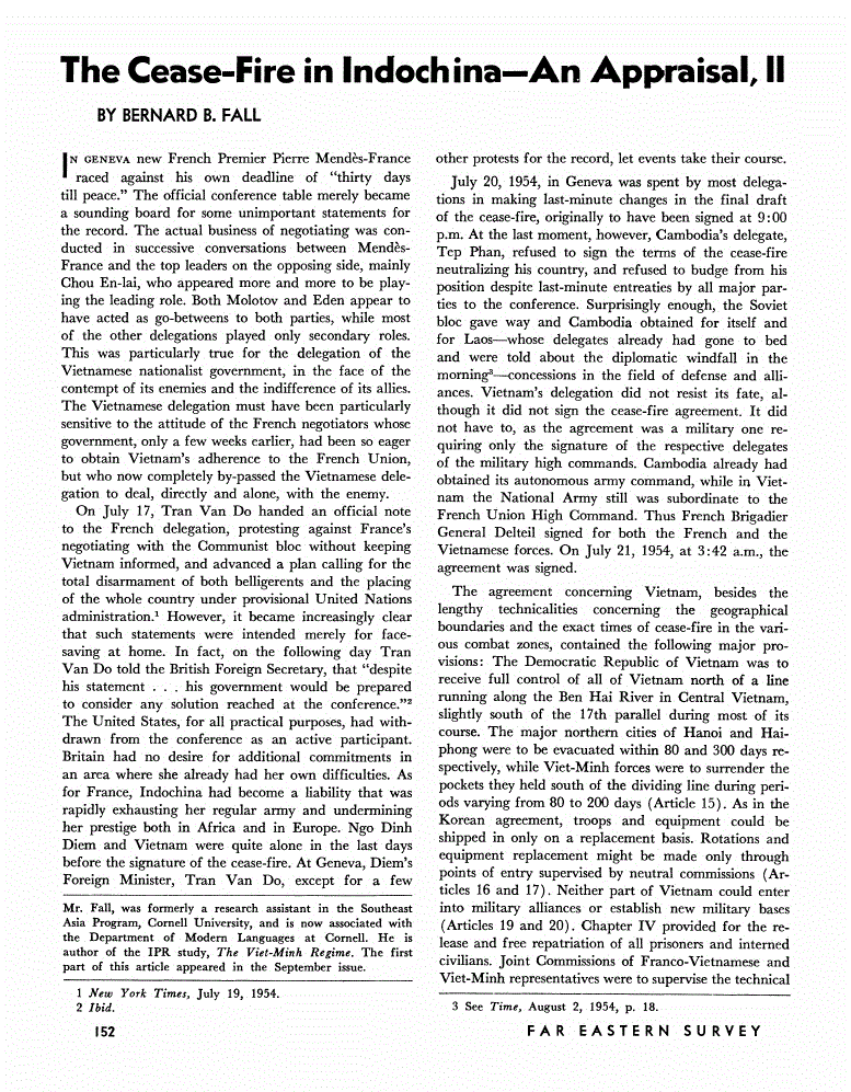 First page of  The Cease-Fire in Indochina--An Appraisal, II