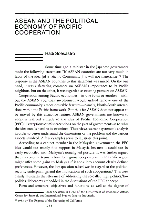 First page of ASEAN and the Political Economy of Pacific Cooperation