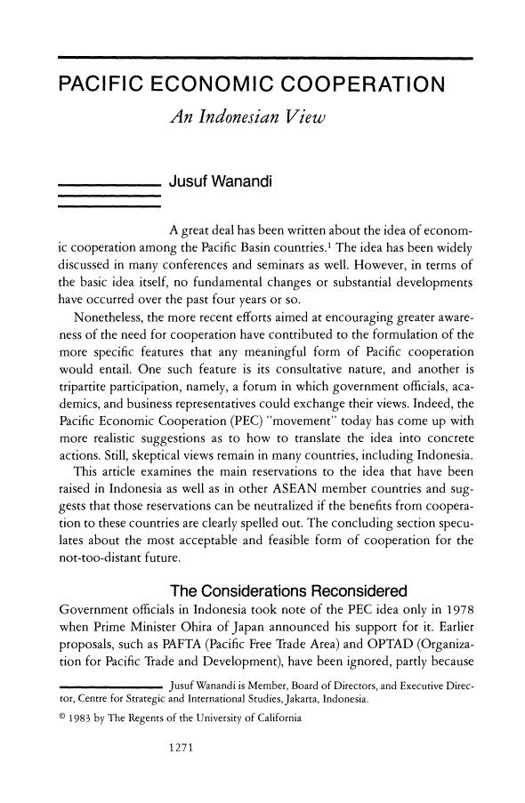 First page of Pacific Economic Cooperation: An Indonesian View