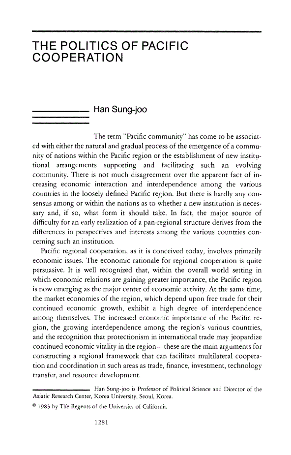 First page of The Politics of Pacific Cooperation