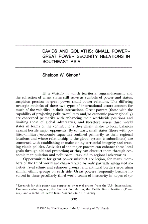 First page of Davids and Goliaths: Small Power-Great Power Security Relations in Southeast Asia