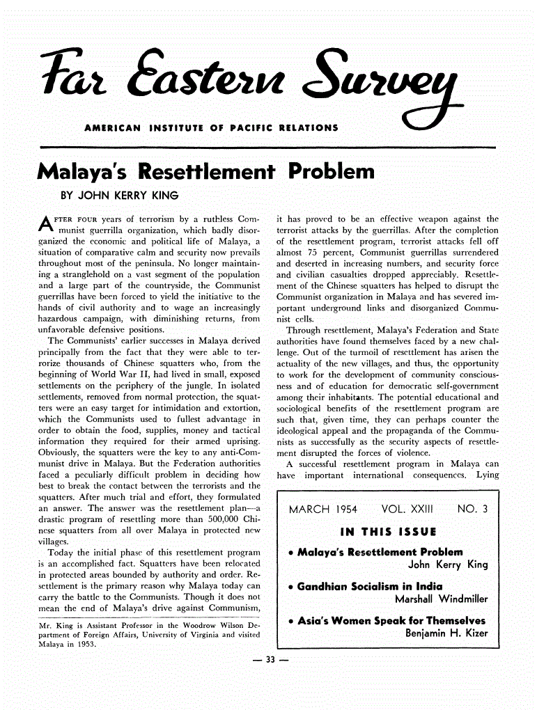 First page of Malaya's Resettlement Problem
