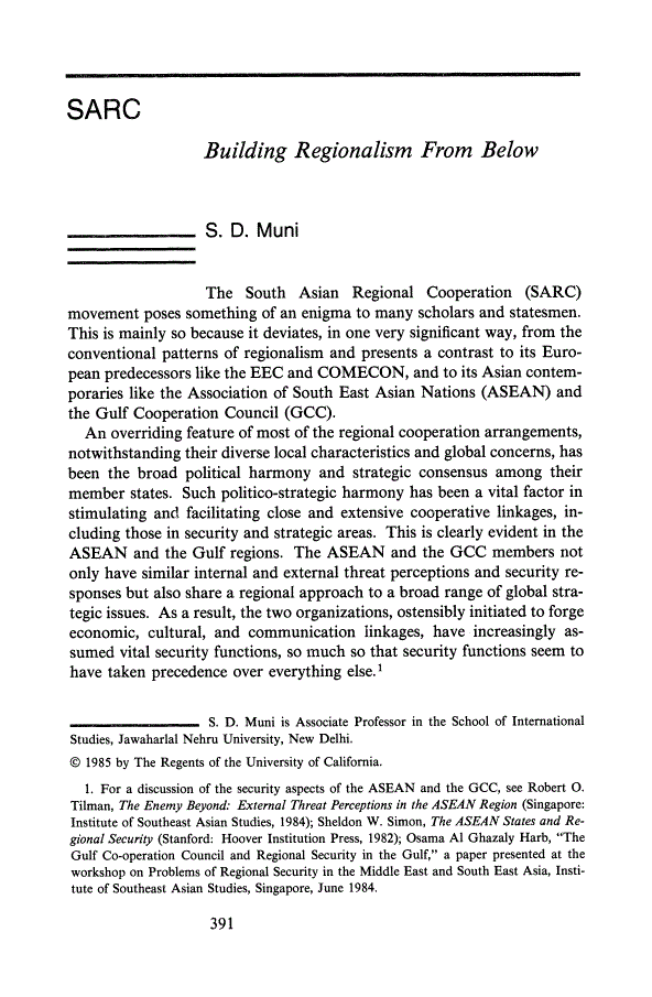First page of SARC: Building Regionalism from below