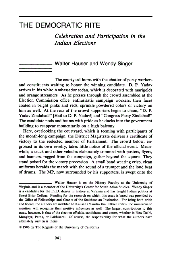 First page of The Democratic Rite: Celebration and Participation in the Indian Elections