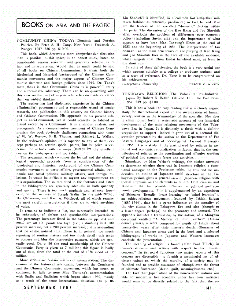 First page of Review: <italic>Tokugawa Religion: The Values of Pre-Industrial Japan</italic>, by Robert N. Bellah