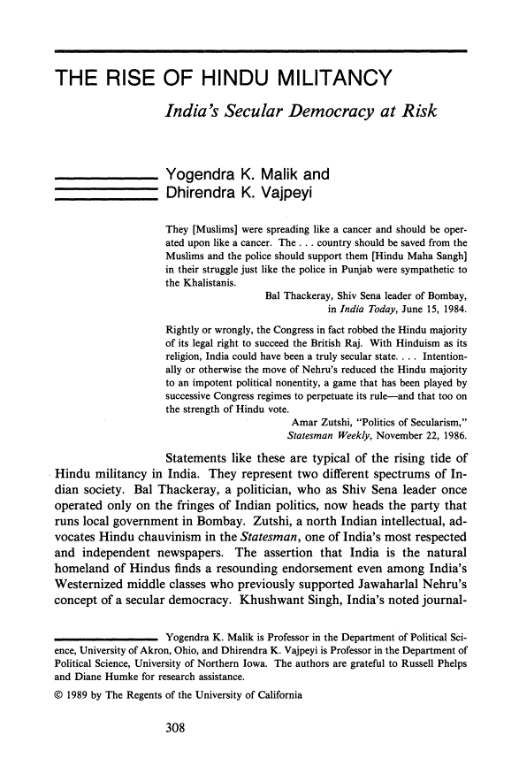 First page of The Rise of Hindu Militancy: India's Secular Democracy at Risk