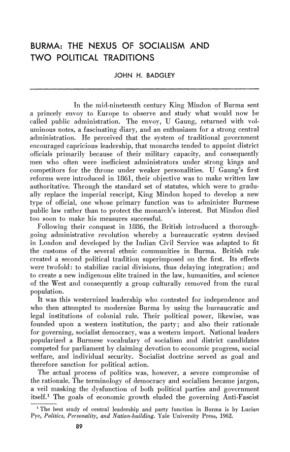 First page of Burma: The Nexus of Socialism and Two Political Traditions