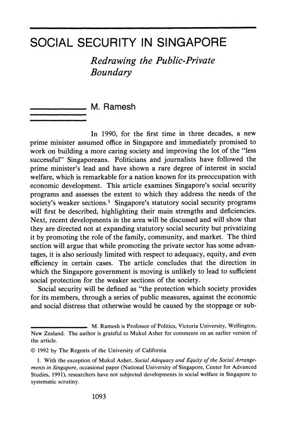 First page of Social Security in Singapore: Redrawing the Public-Private Boundary