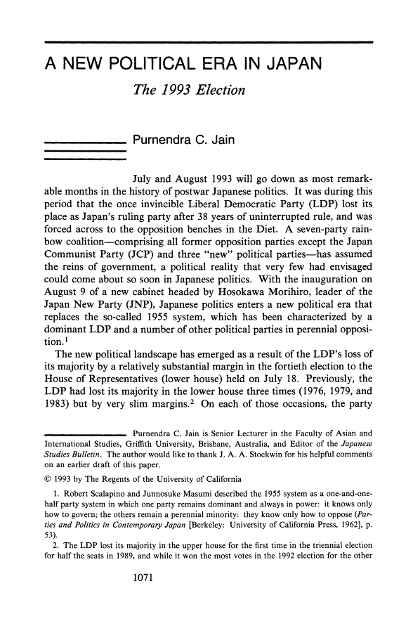 First page of A New Political Era in Japan: The 1993 Election