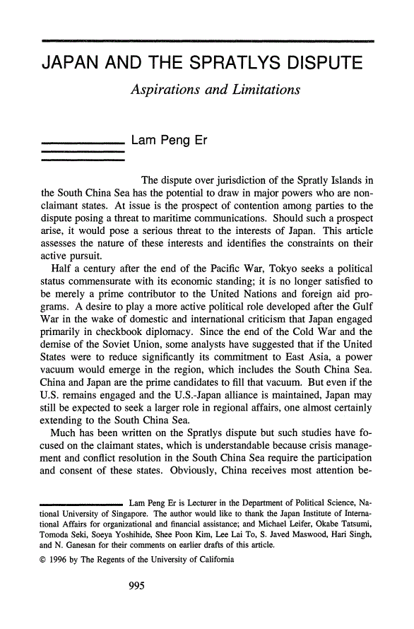 First page of Japan and the Spratlys Dispute: Aspirations and Limitations