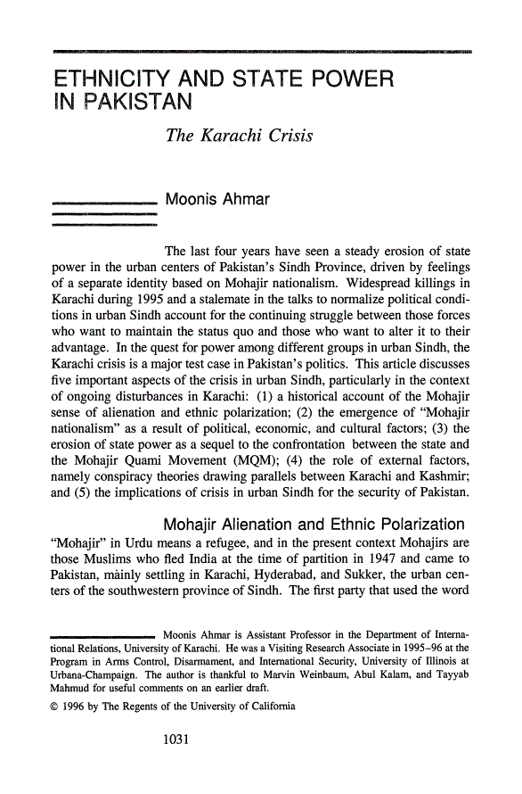 First page of Ethnicity and State Power in Pakistan: The Karachi Crisis
