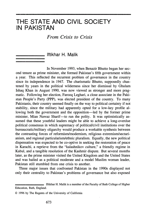 First page of The State and Civil Society in Pakistan: From Crisis to Crisis