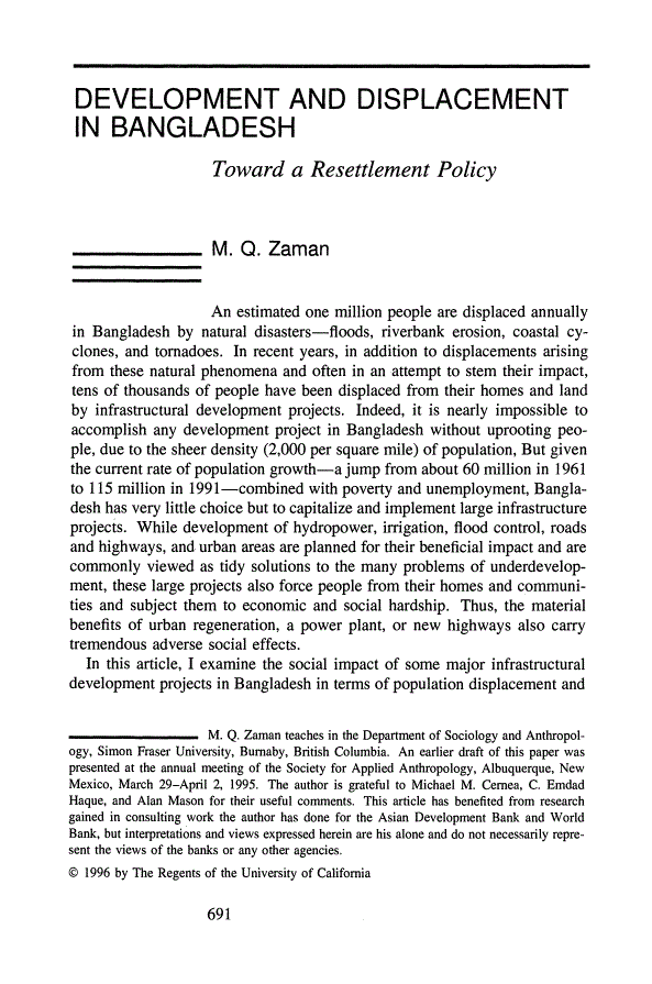 First page of Development and Displacement in Bangladesh: Toward a Resettlement Policy
